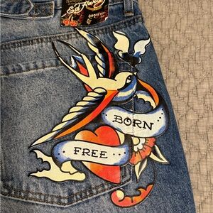 Ed Hardy Blue Jeans with Bold Tattoo Art